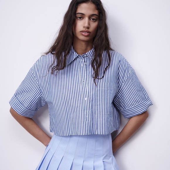 Zara Tops - Zara Women’s Striped Quilted Lined Shirt Blue/White Size Small